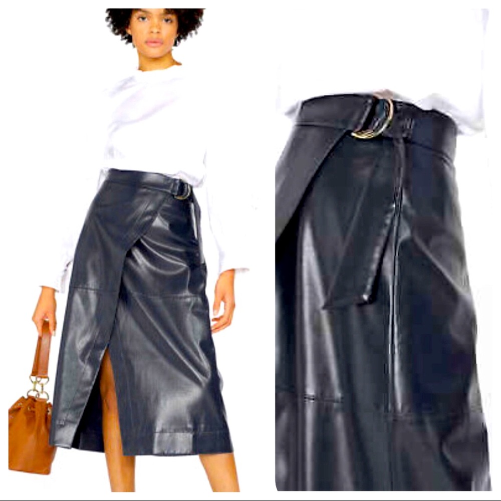 NWT TED BAKER 0 US 2 Navy Blue  Faux Leather Elii A-Line Wrap Midi Skirt